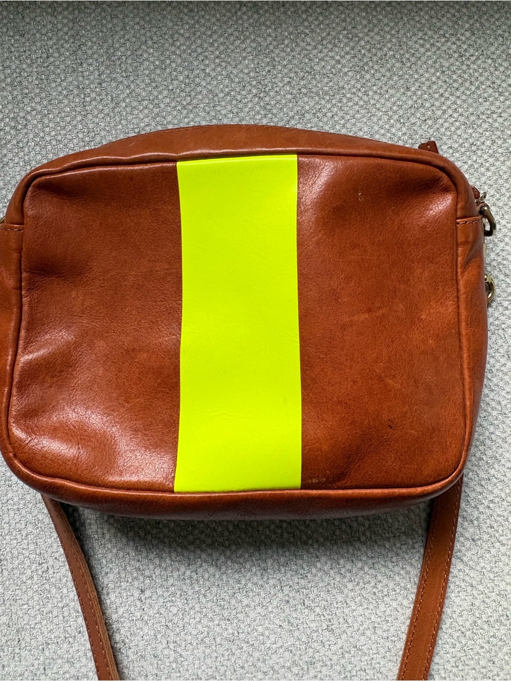 Clare V Leather Crossbody with Neon Yellow Center Stripe